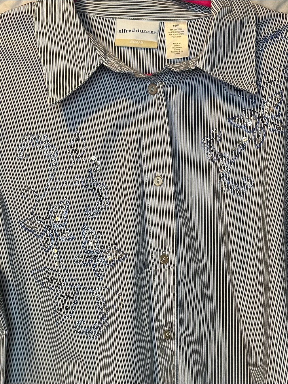 Alfred Dunner Navy & White Striped Embellished Button-Up Shirt - Picture 7 of 10